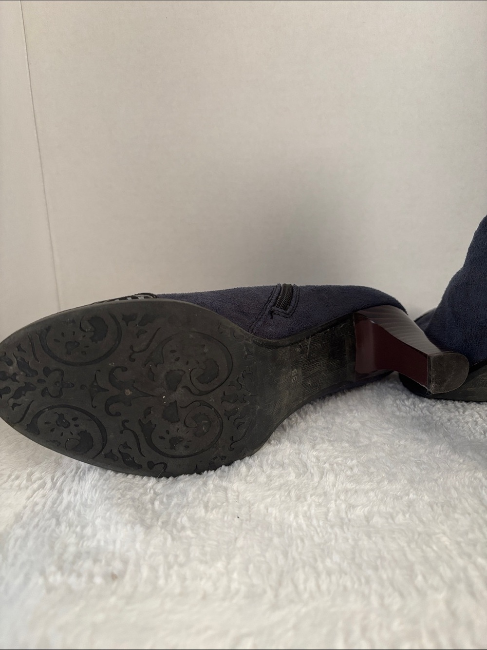 Women's Navy Suede Ankle Booties with Textured Trim - Picture 7 of 7